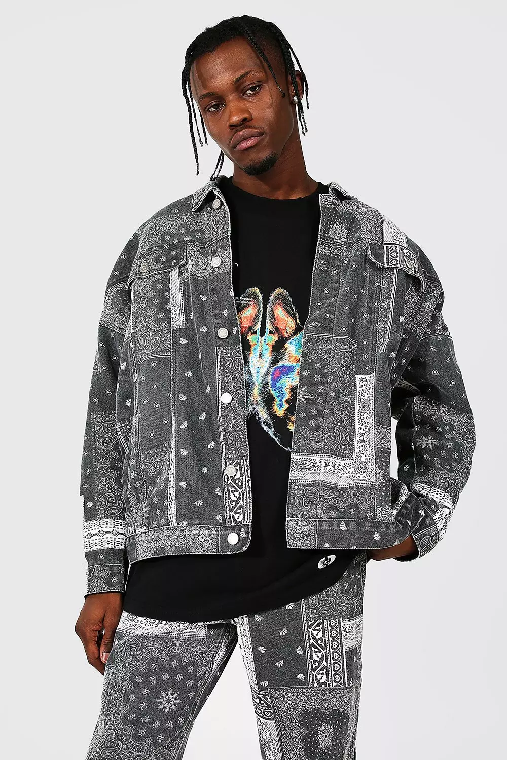 Oversized Washed Bandana Print Denim Jacket boohooMAN USA